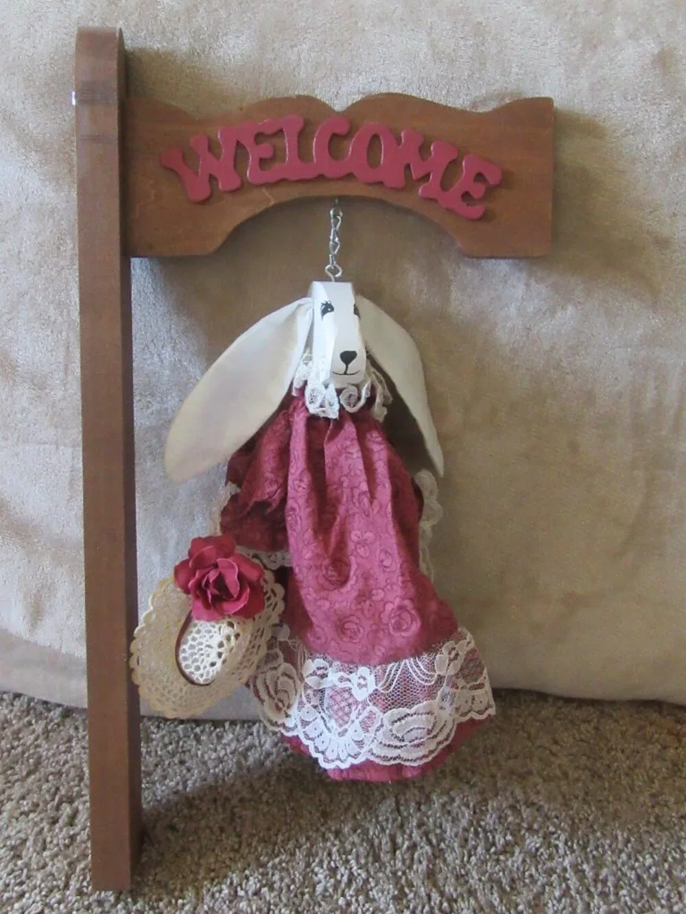 Vtg Folk Art Wood & Calico fabric Bunny Welcome Hanging Sign 80s cottagecore